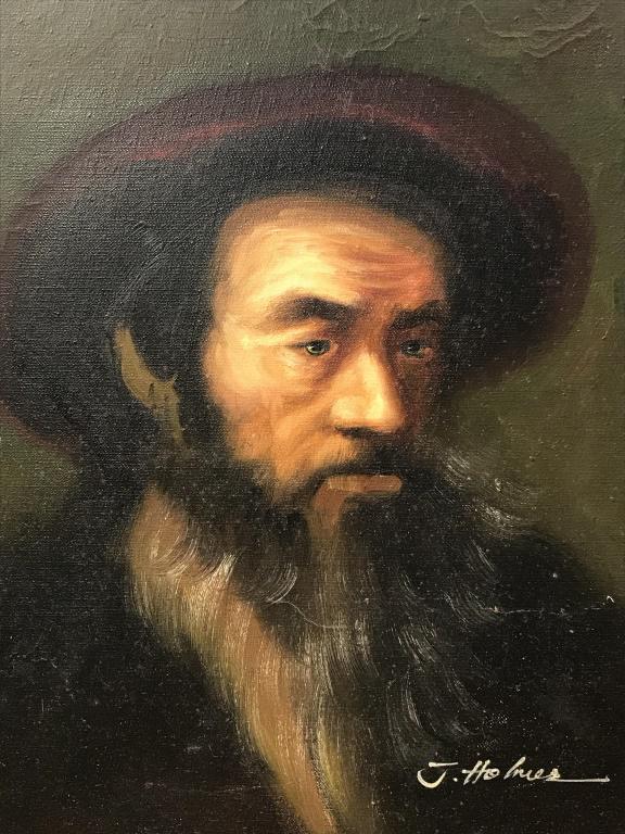 Signed Oil on Canvas, Portrait of Man: Signed J. Holmes in lower right corner, oil painting on canvas depicts portrait of man. Canvas is lined and set in two-tone wood frame. Measures approx 23.25 inches in height by 19.25 inches in width 