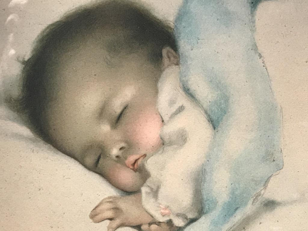 Bessie Pease Gutmann ‘Baby’ Lithograph: Bessie Pease Gutmann Lithograph depicting sleeping baby, titled ‘A Little Bit of Heaven.’ Printed by Gutmann and Gutmann N.Y. 1903 , edition of 650. Lithograph is set under glass in gold tone wood