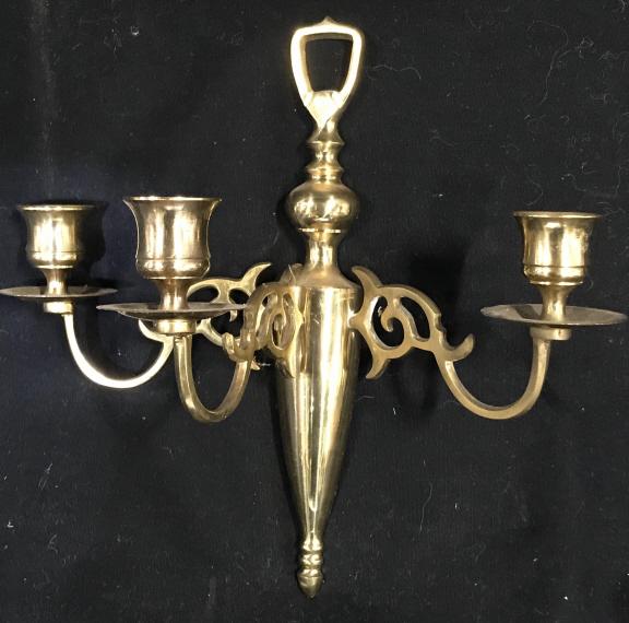 Pair Empire Brass 3-Arm Candelabra Wall Sconces: Vintage brass candle wall sconces. Each measures approx 10 inches in height by 10.75 inches in width by 5.5 inches in depth. Some light scratches and discoloration, might need polishing. Decorative wa