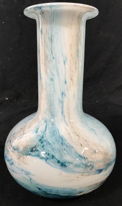 Tease Swirl Art Glass Vase Vessel: Hand Formed Art Glass Vase, tabletop decor, tableware, decorative arts and accessories Heavy Glass, teal aqua white swirl pattern ht app 10 inches, diameter app 8 inches