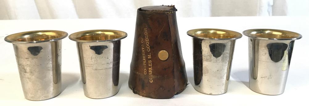 German SP Nesting Shot Glasses With Leather Case: German SP Nesting Shot Glasses With Leather Case, cups appear silver plated with gold toned metal interior though not marked, marked on outer rim of cups and leather case, Made In Germany, embossed on