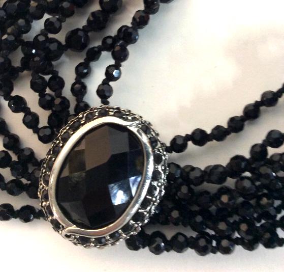 LAUREN Ralph Lauren Cascading Beaded Choker: Care of Ralph Lauren/Carolee Head Jewelry Designer Showroom Inventory. Dual box snap claps on a statement Black Rhinestone surrounded by black seed beads, silver tone metal. All faceted beaded necklac