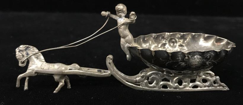 Antique Horse Drawn Sleigh SP Salt Cellar: Antique Believed To Be Silver Plate Horse Drawn Sleigh Salt Cellar, marked on end of sleigh MR, measures approximately 4 inches long x 1.25 inches wide x 1.5 inches deep. Serving Ware, Salt Cellar, An