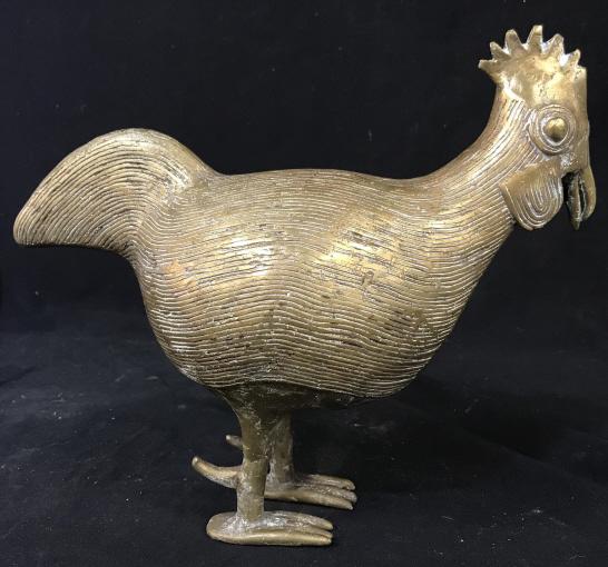 Folk Art Solid Brass Rooster Sculpture: Folk Art Solid Brass Rooster Sculpture, measures approximately 10.5 inches tall x 12 inches long x 5 inches wide, no condition issues noted. Rooster Figural, Solid Brass Doorstop, Solid Brass Rooster 