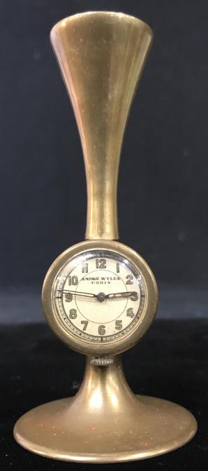Vintage Andrew Wyler Paris Bronze Clock Bud Vase: Vintage possibly Antique Andrew Wyler Paris Bronze Clock Bud Vase, miniature bronze clock bud vase combination, marked on face Andrew Wyler Paris, clock not tested, measures approximately 4 3/8 inches