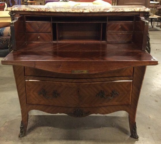 Marbletop Drop Front Desk w Cubbies and Drawers: Drop front desk with cubbies. Missing knobs and lock hardware, no keys, one drawer appears locked. Measures approximately 41 inches tall 36 inches wide 21 inches deep. home furnishings, chest of drawe