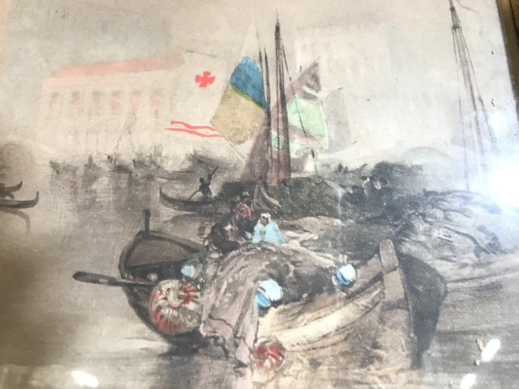 THOMAS MORAN Venice Canal Print: Piece reads MORAN on lower left corner. Piece depicts a Venice canal. Piece appears to have watercolor highlights. Piece is professionally framed with gold toned frame, wear to edges of frame. Piece m