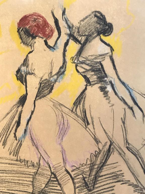Signed Edgar DEGAS (1834-1917) Mixed Media: Attributed to Edgar Degas, Signed Edgar Degas (1834-1917) mixed media colored pencil or pastel on paper depicting sketch of ballerinas. Signed DEGAS in lower right corner. Paper measures approx 10.6 i