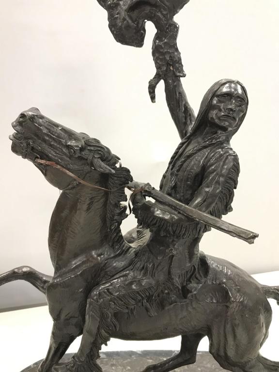Bronze Buffalo Signal Signed FREDERIC REMINGTON: Cast Bronze Buffalo Signal Sculpture Signed FREDERIC REMINGTON on base in bronze, mounted on marble base with brass toned plaque that reads BUFFALO SIGNAL BY FREDERIC REMINGTON, Possibly Authentic, po