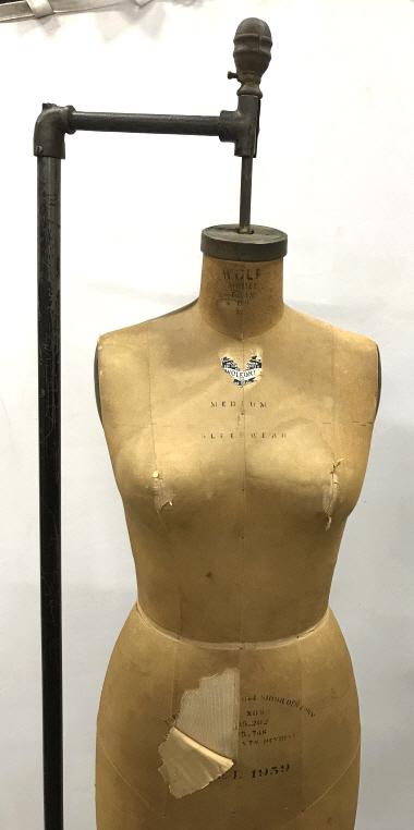 Vintage Wolf Model Form Co Full Length Mannequin: Vintage Wolf Model Form Co Full Length Mannequin And cast iron rolling stand, marked on female mannequin medium sleepwear, The New Collapsable Shoulder Form, Patten numbers, Model 1959, tearing to man