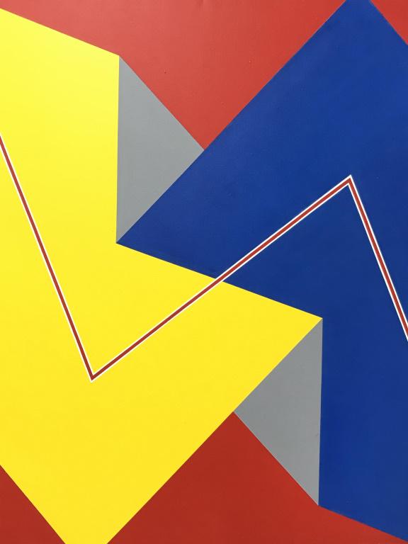 Signed Lore BEHRENDT Modern Acrylic on Canvas: Signed on side of canvas, modern abstract acrylic painting on canvas depicts geometric composition of red, blue, and yellow tones. Measures approx 50 inches squared. Signed modern art, home decor acce