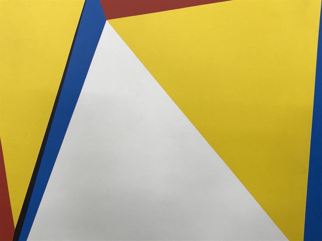 Signed Lore BEHRENDT Modern Acrylic on Canvas: Signed on side and verso of canvas, modern abstract acrylic, possibly oil painting on canvas depicts geometric composition of red, black, white, blue, and yellow tones. Measures approx 50.75 inches sq