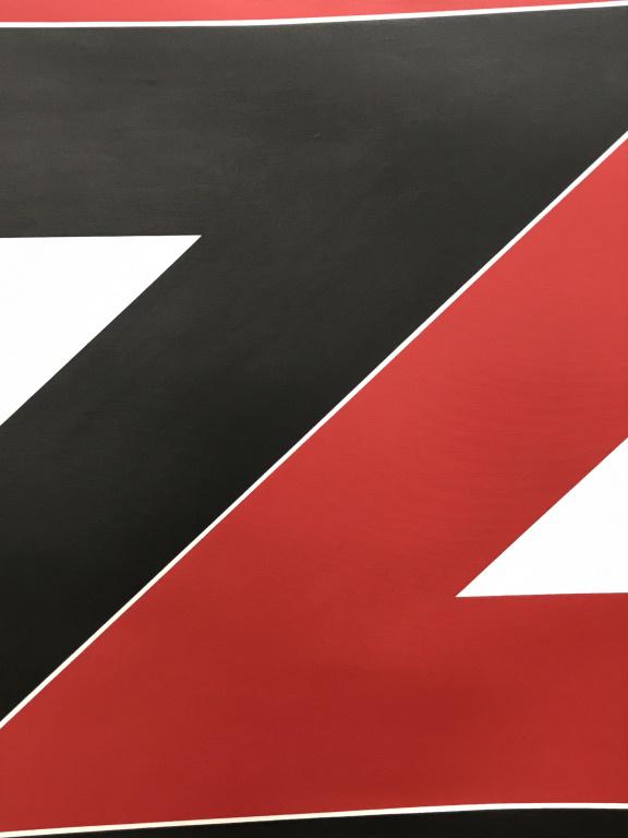 Signed Lore BEHRENDT Modern Acrylic on Canvas: Signed on side and verso of canvas, modern abstract acrylic painting on canvas depicts geometric composition of red, black, and white tones. Measures approx 50 inches squared. Signed modern art, home 