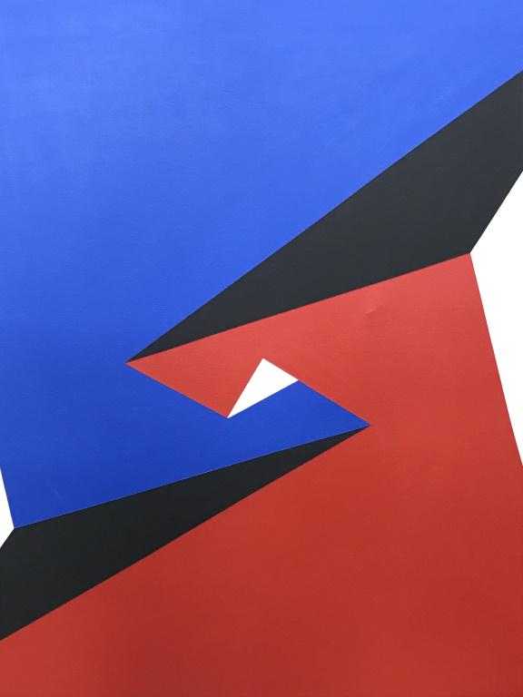 Signed Lore BEHRENDT Modern Acrylic on Canvas: Signed on side and verso of canvas, modern abstract acrylic painting on canvas depicts geometric composition of red, black, white, and blue tones. Measures approx 50 inches squared. Signed modern art,