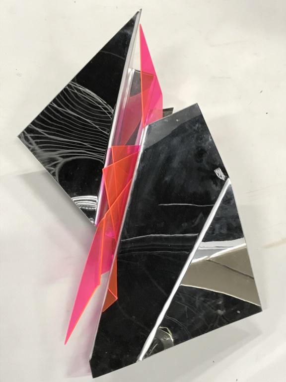 Lore BEHRENDT Acrylic Abstract Sculpture c1970s: Mirrored acrylic abstract sculpture, signed on verso Lore BEHRENDT. Wood backing for hanging. Measures approx 38.5 inches in height by 19 inches in width by 13 inches in depth. Sculpture has some scuf