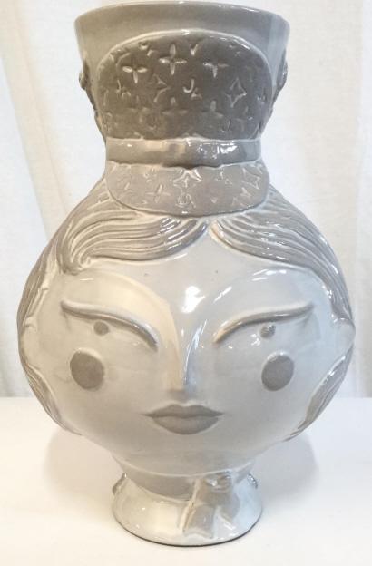 JONATHAN ADLER Glazed Ceramic Janus Vessel: JONATHAN ADLER handmade Janus Vase. The piece depicts a woman’s face as well as a mans face on opposite sides of the vase. The piece measures approx 15.5 inches tall and 9.5 inches in diameter. Vase