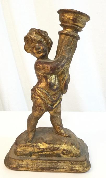 Vintage Gilded Wooden Cherub Statuette: Vintage, possibly antique, Gilded wooden cherub Statuette. Made in Italy. The piece depicts a cherub wielding a torch. The piece measures approx 12.5 inches H, the base measures approx 4.6 inches x 7.