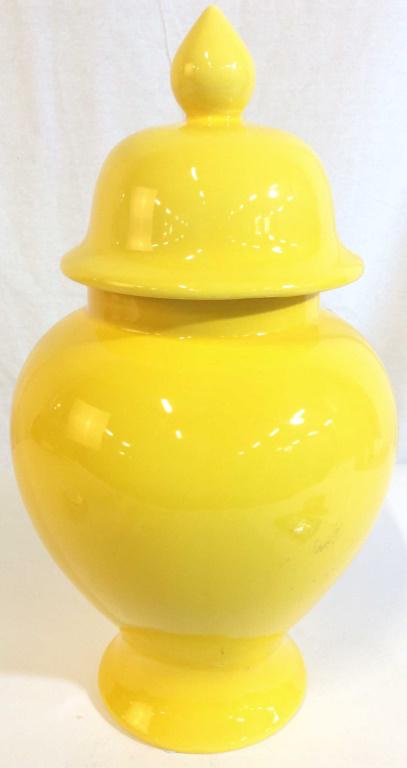Yellow Toned Porcelain Ginger Jar W Lid: Urn is porcelain and yellow toned. Piece is includes lid. Piece measures approx 14.5 inches tall 7.5 inches wide. urn ginger jar, decorative accessories, shelf piece 6