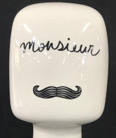 Jonathan Adler Handmade ‘Monsieur’ Display: JONATHAN ADLER WHITE PORCELAIN HEAD FORM DISPLAY MONSIEUR MUSTACHE SCULPTURE. Underside marked with designer name & sticker that reads Â‘Jonathan Adler Handmade In ChinaÂ’. Base 6 3/4 in. diamet