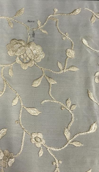 Hand Embroidered Piano Cream Piano Vintage Shawl: Floral Cream Embroidery on semi transparent cream color silk. Measures 54.5 x 59 in. not including tassels but including crochet detail. Rounded Edges & rounded crochet design, long tassels at 13 in. 