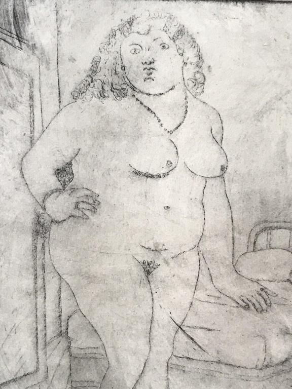 Signed & Numbered Fernando BOTERO Etching: Fernando Botero (Colombian, b. 1932). Signed ‘Botero’ in pencil in lower left corner, numbered 10 / 40 in lower right corner. Etching depicts female nude. Artwork is double matted and set in wood