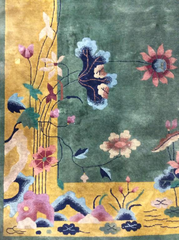 Vintage Handmade Chinese Art Deco Wool Rug: Rug is wool and handmade. Rug is vintage, piece contains multi toned floral & leaf detail. Chinese Art Deco Rug, oriental rug, Chinese rug, floral rug, handmade rug, rug, carpet, area rug, wool pile r