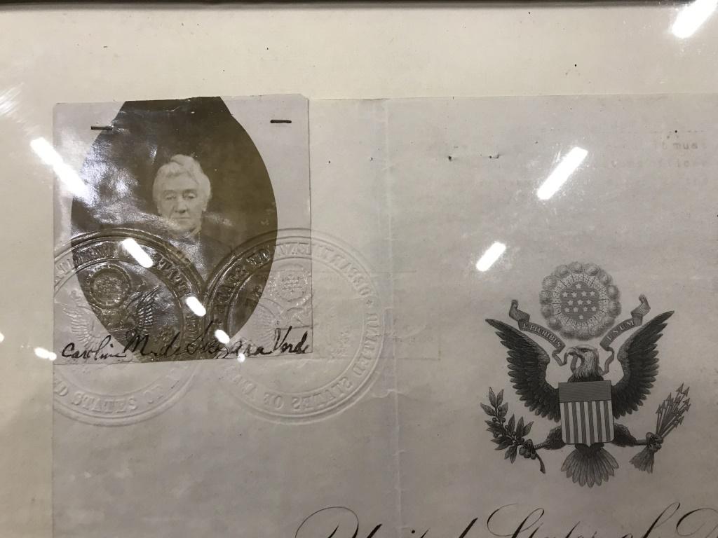 Lot 2 Antique framed US Citizenship Certificates: Lot 2 Antique framed Citizen of America certificates. One is dated 1881 for a Ciro Suzzara Verdi, aged 47, accompanied with his wife. The other is dated for a Caroline M. de Suzzara Verdi, aged 77, da