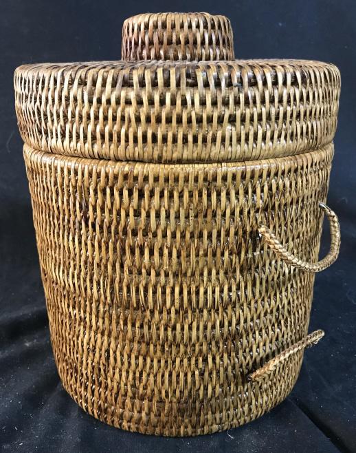 Woven Rattan Lidded Ice Bucket, Lined: Measures ht app 10 inches, diameter 8 inches ice bucket, barware, picnic accessory,