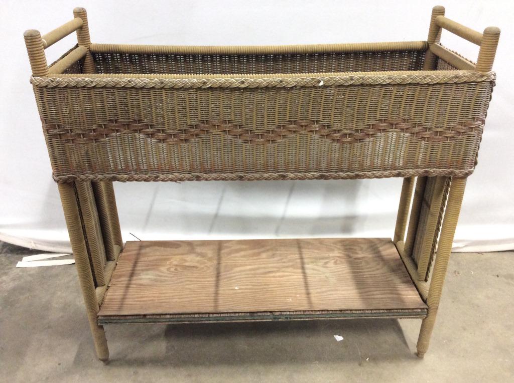 Vintage Wooden & Wicker Umbrella Stand: Umbrella Stand is vintage. Contains wooden & Wicker structures. Umbrella holder, umbrella stand, vintage umbrella stand, wicker umbrella stand. home accent and accessories, entryway decor Measures app