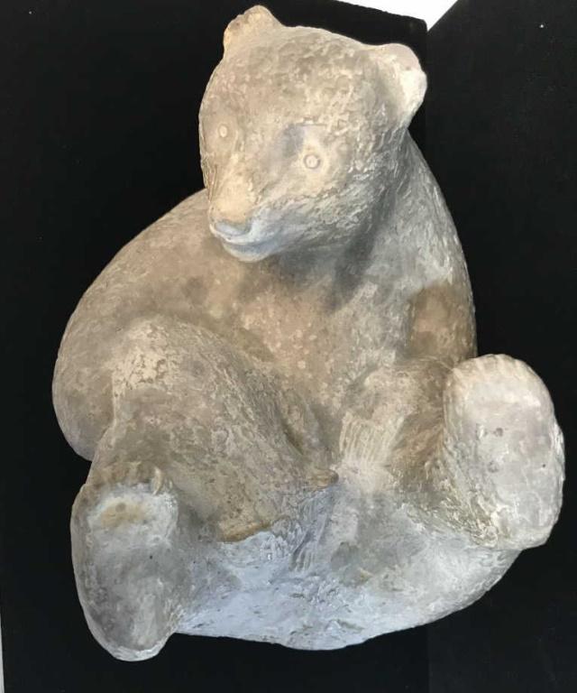 Inuit Eskimo Soapstone Bear & Cub Carving: mother bear & cub. Inuit Eskimo Soapstone Carving, Possibly POVUNGNITIK. Underside has sticker , reads’ Eskimo Carving, possibly Povung...’, illegible due to wear. carved striations in relief. Mea