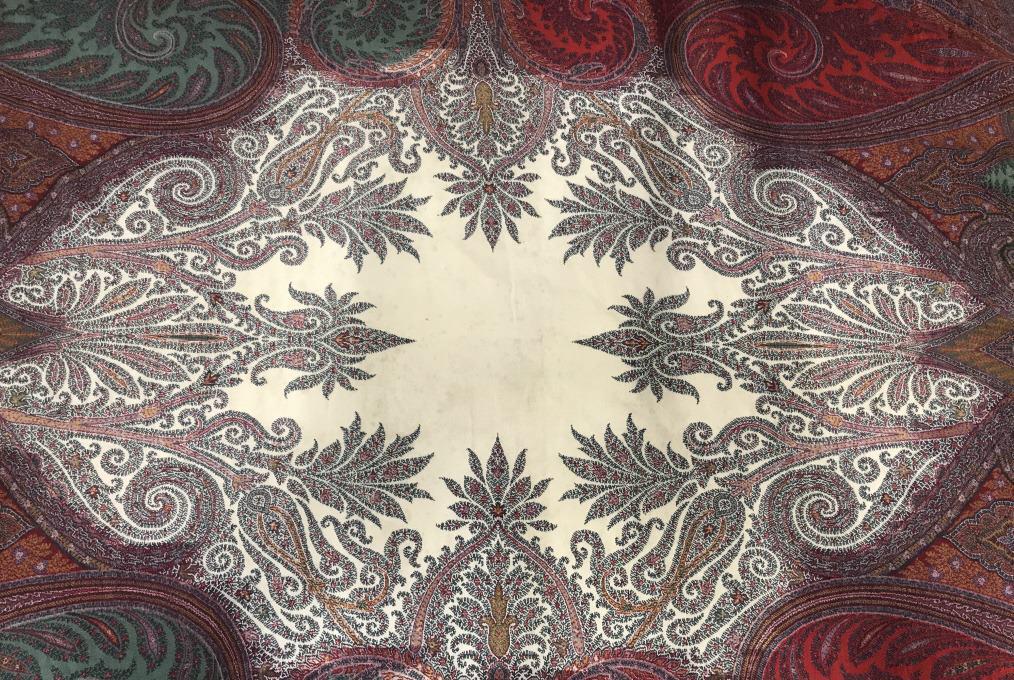 Middle Eastern Style Paisley Wool Tapestry: Middle Eastern Style Paisley Wool Tapestry, tapestry shawl, wall hanging, textile arts and accessories, paisley pattern warm toned colors, some wear and tears, 63 in by 130 in approx