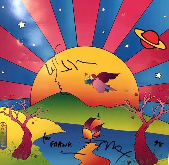 Signed, Certified & Framed Peter Max Art, 1998: Original Peter Max hand signed and inscribed Â‘For Frank, Max Â‘98Â’ with additional doodle of face profile over sun. Depicts colorful rising sun with sun rays, angel flying, space object in