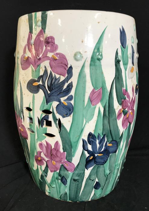 Vintage Signed Hand painted Asian Garden Stool: Vintage floor sized garden stool, possibly antique. Underside of garden stool is marked with manufacturers stamp. appears to be stamped with asian characters, Garden stool is painted to depict floral 