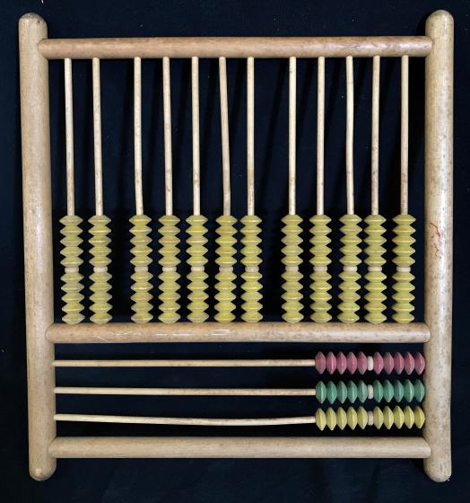 Antique Handmade Folk Art Abacus: possibly Antique, handmade abacus. wooden counting frame with painted wood buttons, The piece measures approx 15.5 inches H and 16.75 inches W. There is some wear present due to age and use. Abacus, f