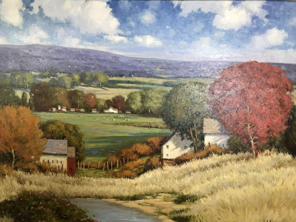 Signed DEBORAH COTRONE Pastoral Idyllic Painting: Deborah Cotrone Farm Scene Painting, Signed by the artist in lower right hand corner. The piece is oil on canvas, matted, and set in a gilded hand carved wooden frame. The piece has not been inspected