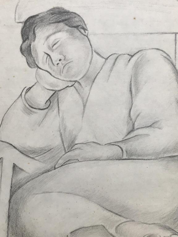 Pencil Drawing after Diego RIVERA: Pencil drawing on paper depicts sleeping figure in chair, signature in lower right reads ‘Diego Rivera.’ Stamp on verso reads ‘Banco de Mexico.’ Paper measures approx 9.75 inches by 7 inches.