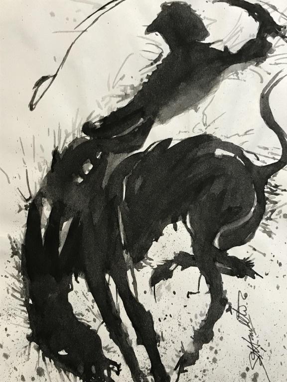Ink Wash Drawing after Richard HAMBLETON: Ink wash drawing on paper depicting cowboy on horse, illegible signature in lower right. Verso has stamp, reads ‘New York.’ Paper measures approx 12 inches by 8 inches. Unframed. Some surface wear