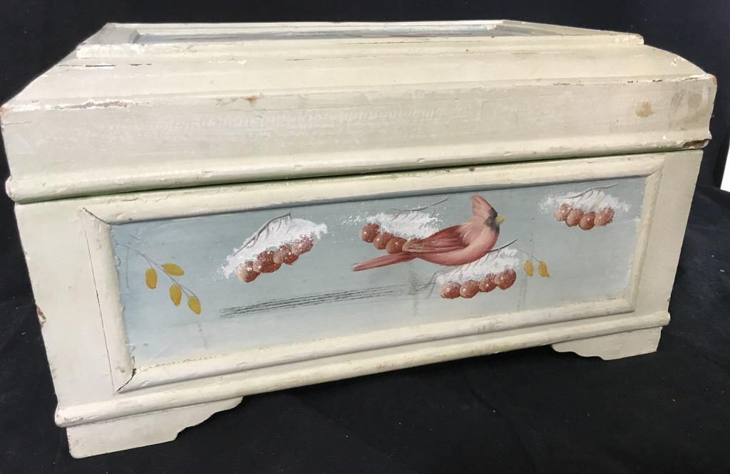 Painted Cardinal Scene Wood Storage Box: Large Table Storage Box, Decorative Box with lift handles, one needs replacement. Painted with cardinal on branch with berries under snow on top and front. Entire box painted sea foam green. Minor pai