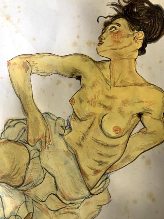 Colored Pencil Water Color After EGON SCHIELE: Nude women Figural illustration, signed lower right EGON SCHIELE 1917, After EGON SCHIELE nude female Figural water color and colored pencil unframed on paper measures app 11 by 7.5 inches, discolorat