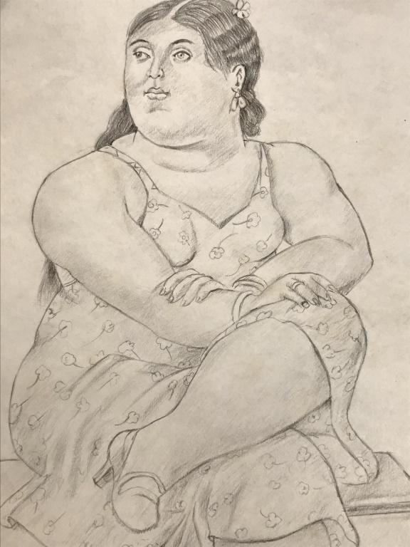 Pencil Illustration After Botero: Stamp on verso reads Arthur Tooth Gallery London, England, After Fernando Botero, Signed Botero lower left, illustration of seated female Figural, Colombian artist, modernist artist, Botero, South Ame