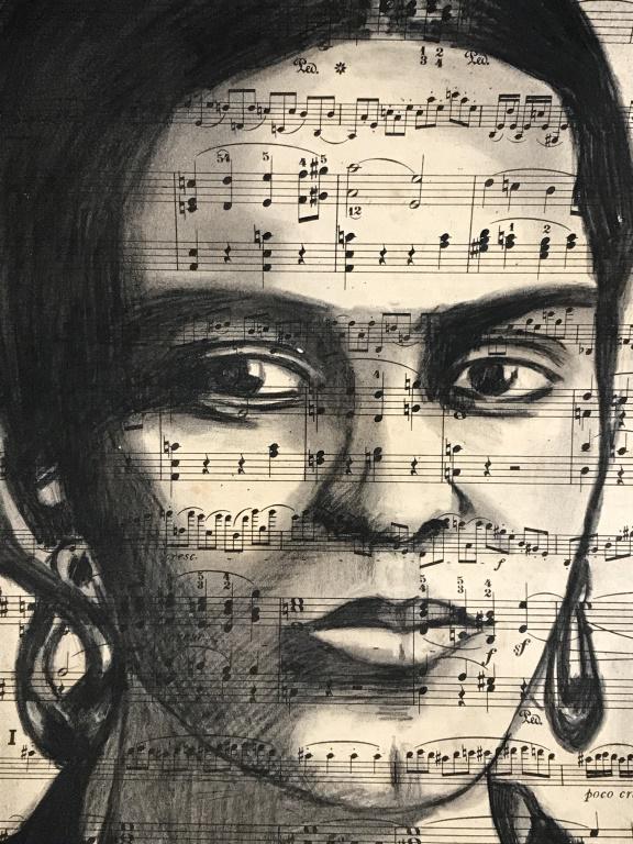 Charcoal Drawing after Frida KAHLO: Charcoal drawing on music sheet paper depicting portrait. Signature in pencil in upper right reads ‘Frida Kahlo Mexico.’ Verso has two stamps for ‘Banco de Mexico,’ along with additional stamp