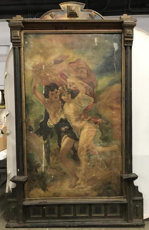 Monumental Antique Painting Church Panel Frame 8ft: After Pierre-Auguste Cot's The Storm Monumental antique painting on canvas depicting two figures in flight, set in palatial antique painted wooden church panel frame, salvaged from a church in Northwe
