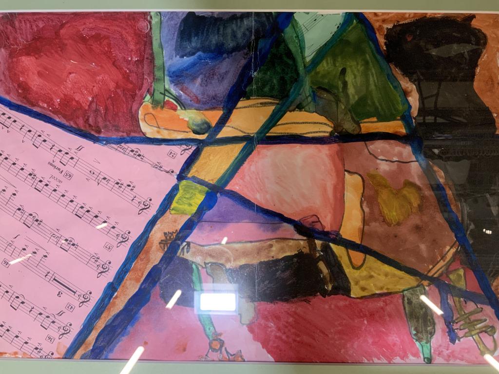 Water Color Acrylic Collage Painting: Professionally framed and matted mixed media artwork, with sheet music acrylic, water color, gold toned frame, apparently unsigned, not inspected out of frame, measures 19 by 23 inches