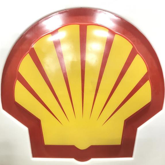 Oversized Vintage SHELL Plexiglass Sign 7ft: Sign has red & yellow toned shell logo. Piece has metal border. Shell sign is plexiglass. White area of Sign is Beveled as well as inner area of logo. Shell sign, gas station sign, advertising, advert