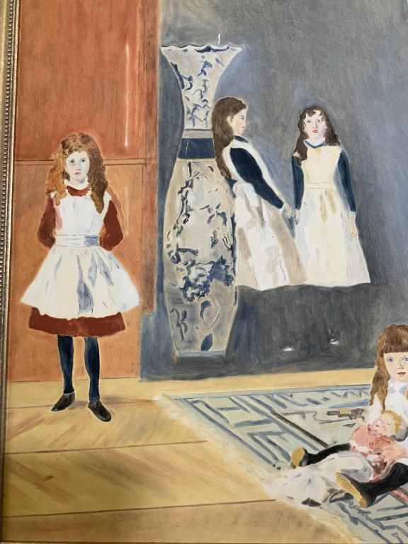 Acrylic Painting on Canvas Young Girls: Painting study by unknown artist of John Singer Sargent Painting 'The Daughters of Edward Darley Boit'Framed in Larson Juhl Silver Leafed Wood Frame, girls with dolls and vases in interior setting, ap