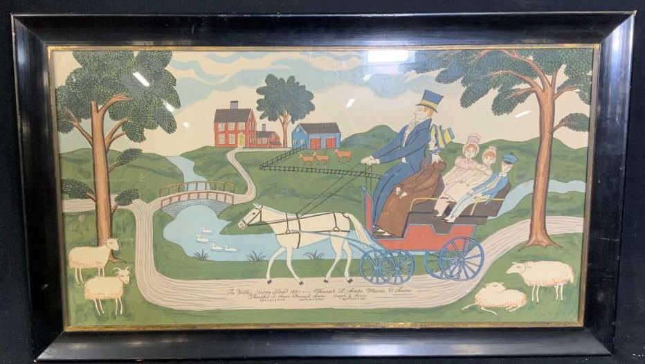 Hand Painted Serigraph Horse Drawn Carriage: Vintage whimsical folk art artwork, hand painted serigraph depicting horse drawn carriage with figurals, sheep cows barn yard on country road, words on piece title The Valley Farm Road 1820 Elkanah L 