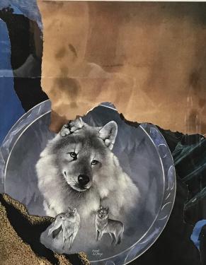 Framed Collage Art, Spiritual Wolf Motif: Poster Art, set in exotic Indonesian wood frame behind glass. Acid free matting in marble silver- grey. Needs hanging hardware. Measures app 16.5 x 13.5 in. Image size 9 1/4 x 7 1/4 in. Wolf Art, Coll