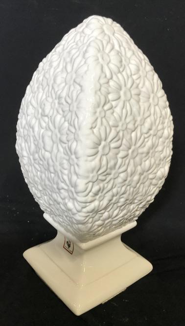 Hand Crafted DEARTIS Finial Statue Portugal: minimal, all white glaze finish decor piece with dembossed daisy decor. App 16 in. tall, 26 3/4 in. circumference. Square Pedestal. Sticker label reads ‘Handmade in Portugal’ . Labeled DEARTIS on 