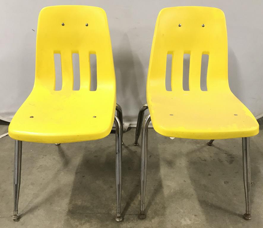 Pair Yellow Toned Vintage VIRCO MARTEST Chairs: Lot includes 2 chairs. Each chair is yellow toned with silver toned metal legs. Each measures approx 31 inches tall 17 inches wide 22 inches deep. School chairs, desk chairs,student chairs, vintage ch