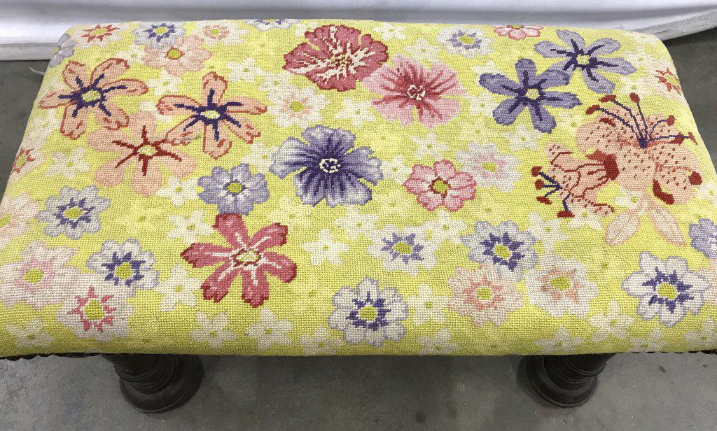 Hand Stitched Mid Century Petit Point Stool: Groovy purple, pink, and white 1960s florals on chartreuse background. Petit Point Needlepoint cover with brass tnd tacking, Mahogany wood, some minor surface wear and chips. Underside black fabric co